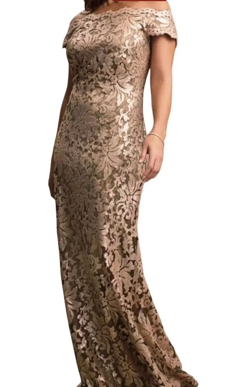 Tadashi Shoji Gown Women's XL Gold Odette Off Shoulder Sequin Mesh Column Formal